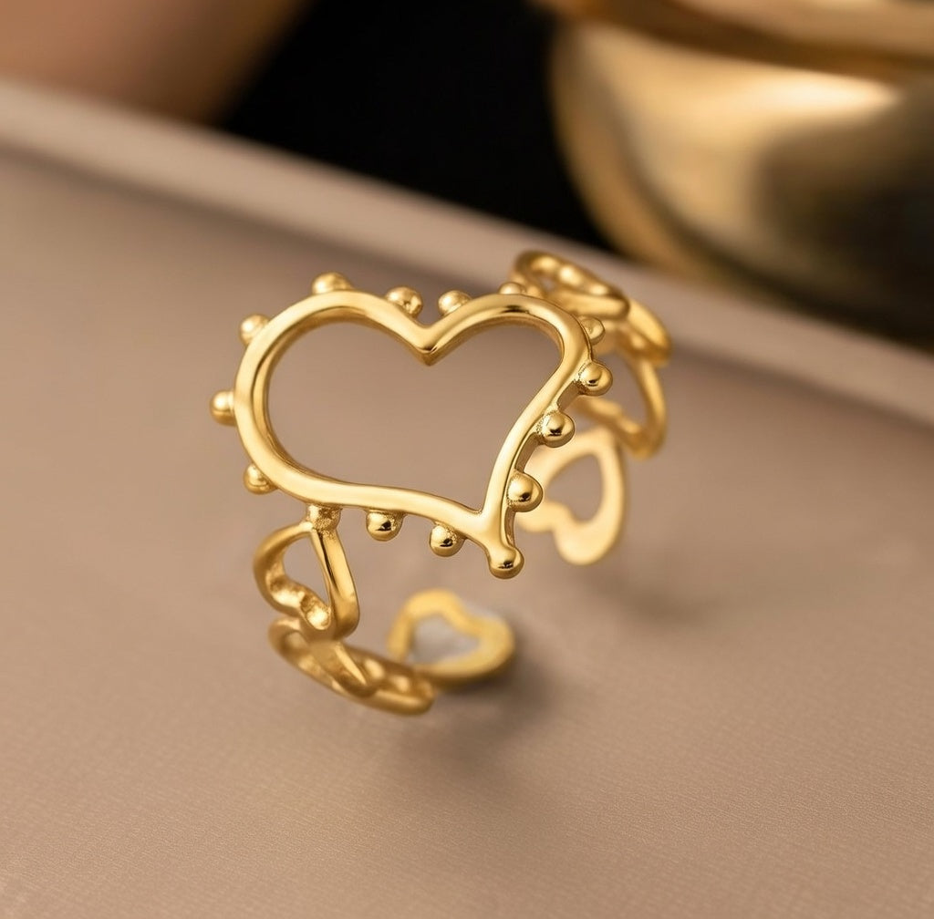 Golden Beaded Heart Open Ring