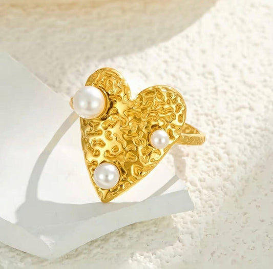Golden Pearl Heart Ring