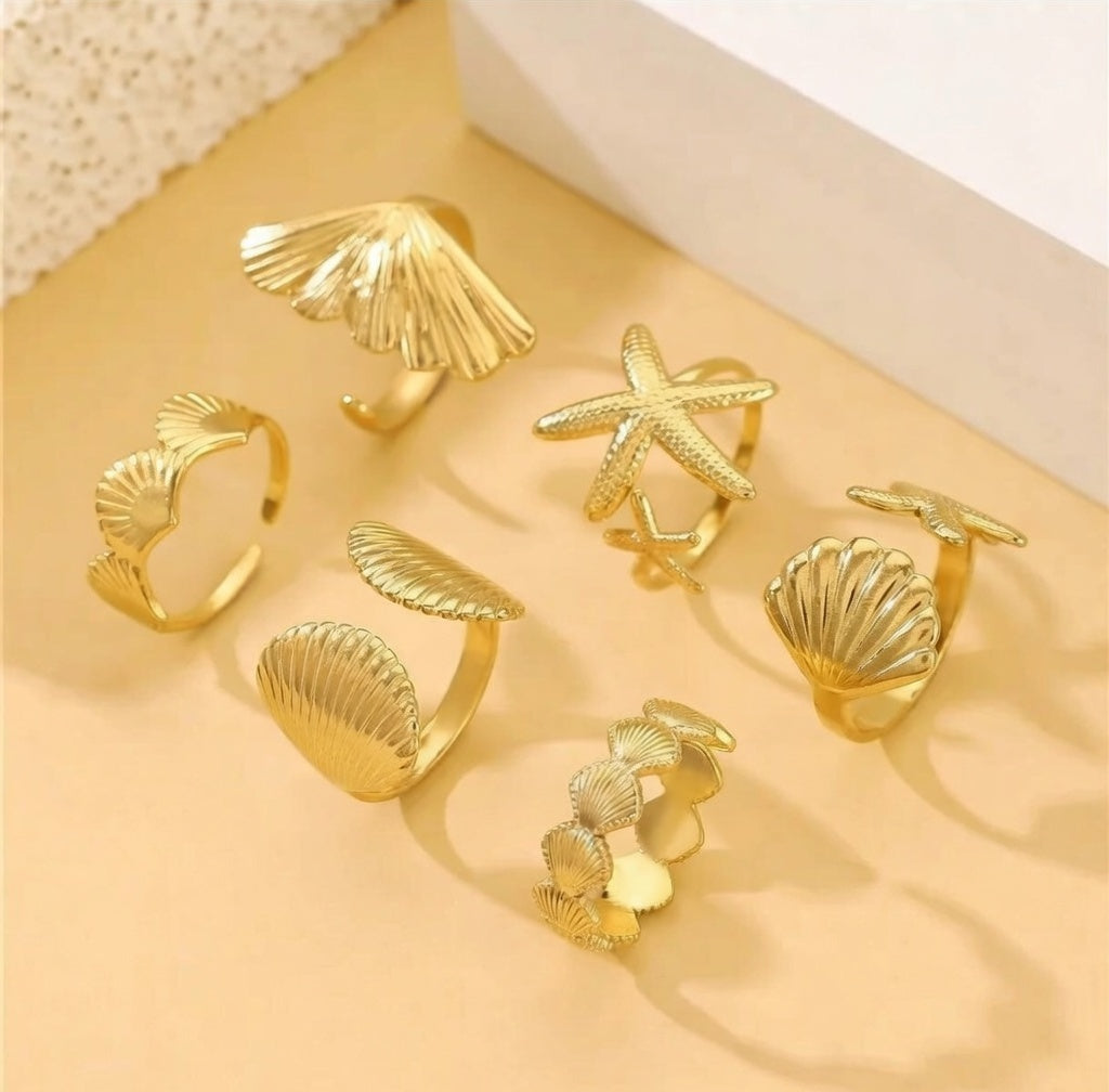 Golden Seashell &amp; Starfish Ring Collection