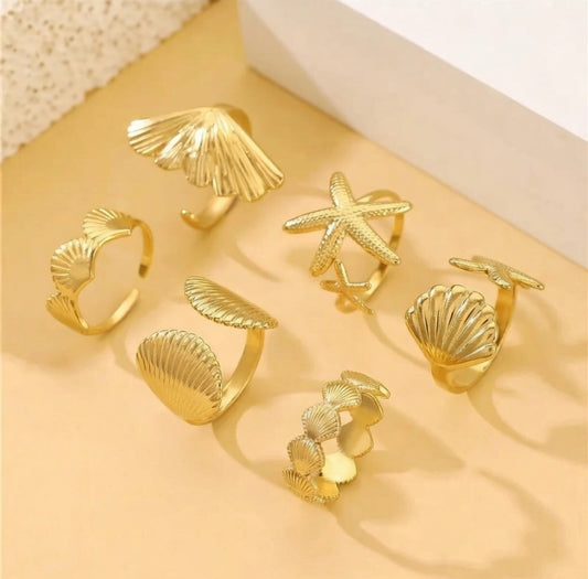 Golden Seashell &amp; Starfish Ring Collection