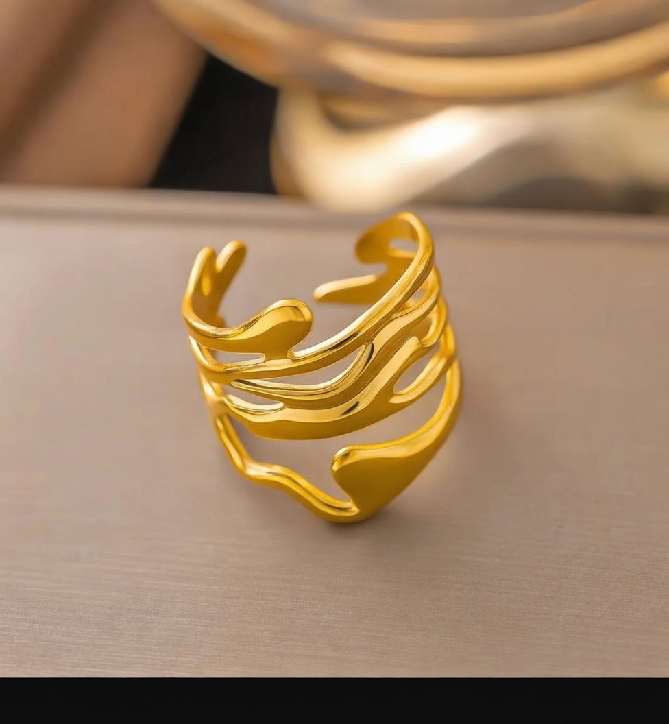 Abstract Wave Gold Cuff Ring